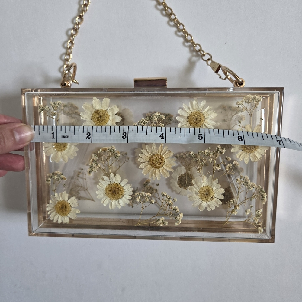 Clear daisy floral acrylic resin clutch gold chain ditsy girly statement cute - Picture 4 of 7
